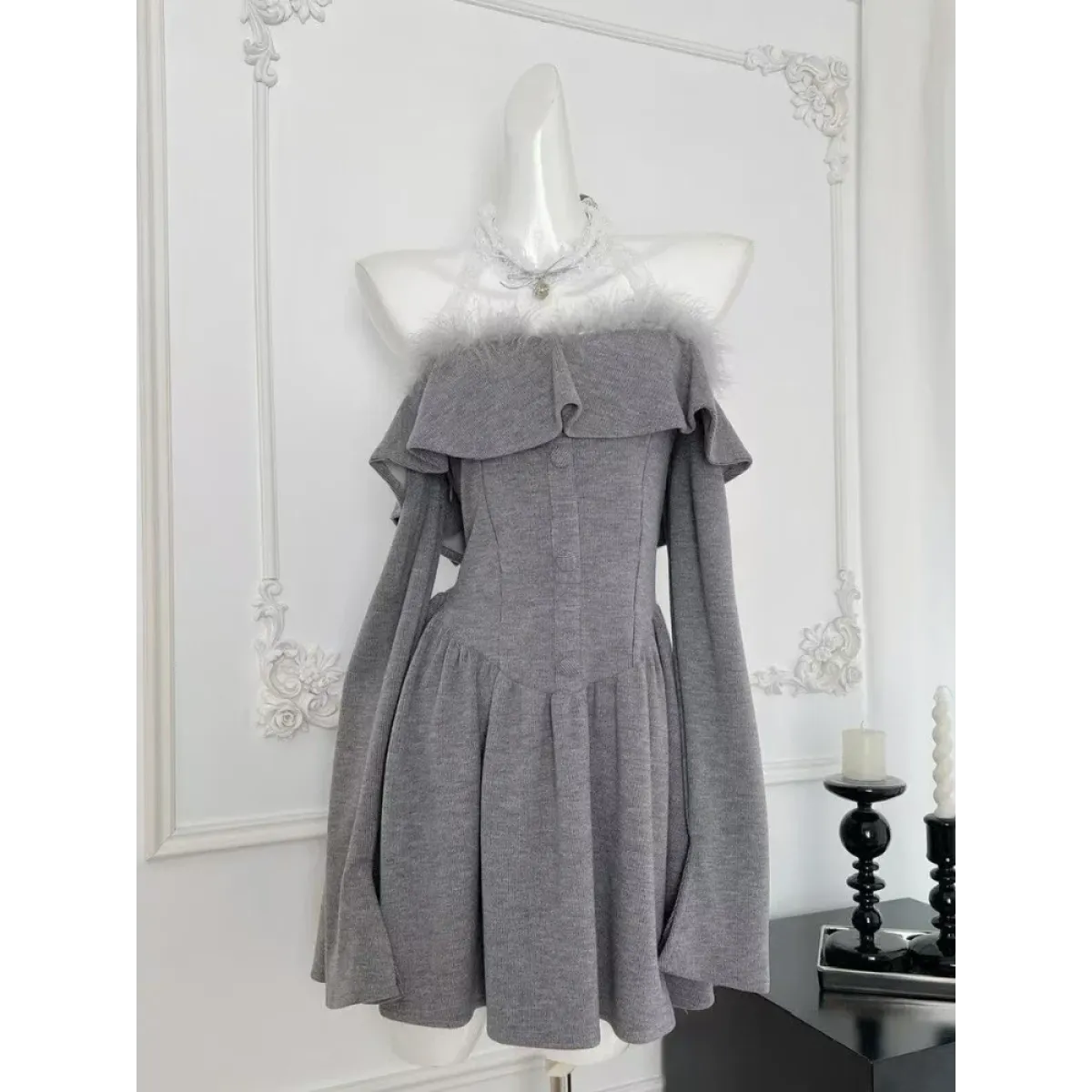 Off-Shoulder Lace Neckline Dress – Elegant Y2K Style