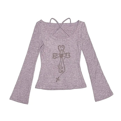 Embellished Cross Long Sleeve Tee – Spiritual Chic Top