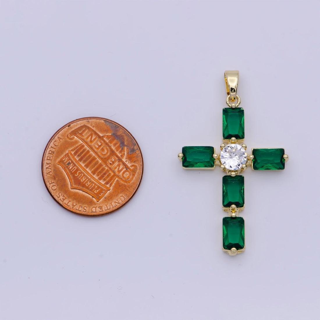 Emerald Green Baguette Cubic Zirconia Religious Cross Gold Necklace | X-503