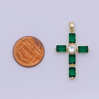 Emerald Green Baguette Cubic Zirconia Religious Cross Gold Necklace | X-503