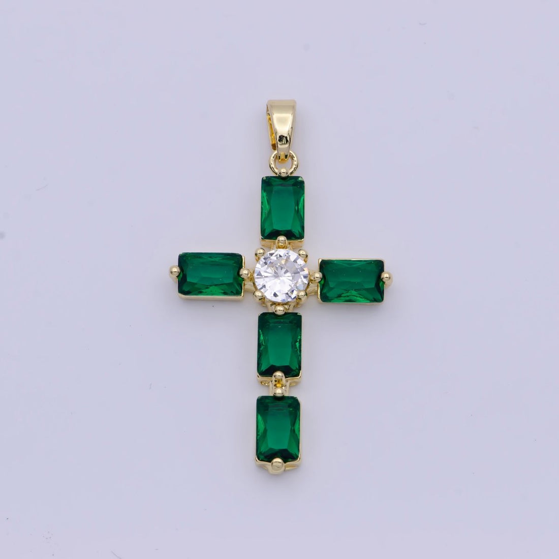 Emerald Green Baguette Cubic Zirconia Religious Cross Gold Necklace | X-503