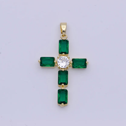 Emerald Green Baguette Cubic Zirconia Religious Cross Gold Necklace | X-503