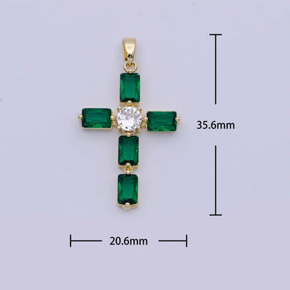 Emerald Green Baguette Cubic Zirconia Religious Cross Gold Necklace | X-503