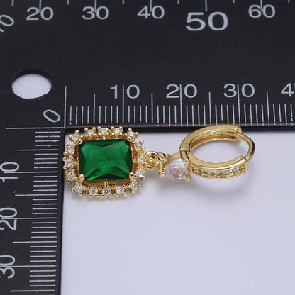 Emerald Green Baguette Dangle Drop Clear Heart Micro Paved CZ Gold Huggie Earrings | AB009