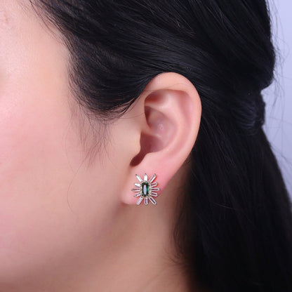 Emerald Green Cz Stud Earring Star Burst Clear Baguette Stud V-098