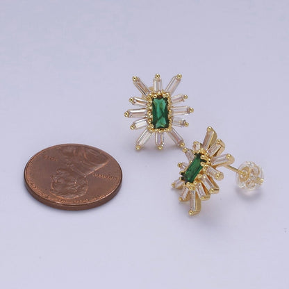 Emerald Green Cz Stud Earring Star Burst Clear Baguette Stud V-098