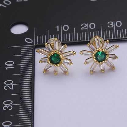 Emerald Green Cz Stud Earring SunBurst Sun Clear Baguette Stud | V-100