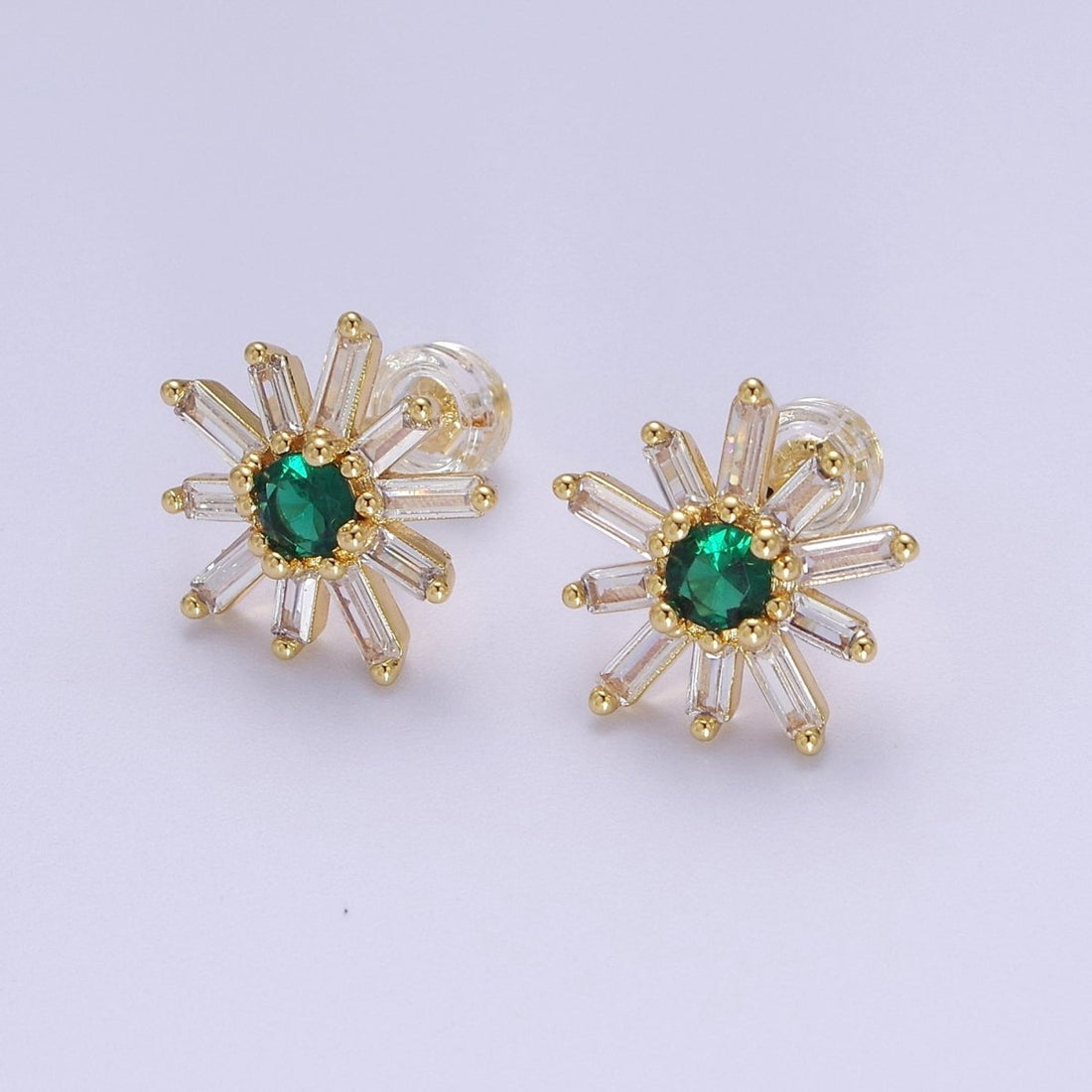 Emerald Green Cz Stud Earring SunBurst Sun Clear Baguette Stud | V-100
