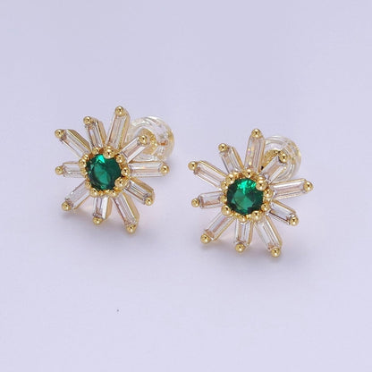 Emerald Green Cz Stud Earring SunBurst Sun Clear Baguette Stud | V-100