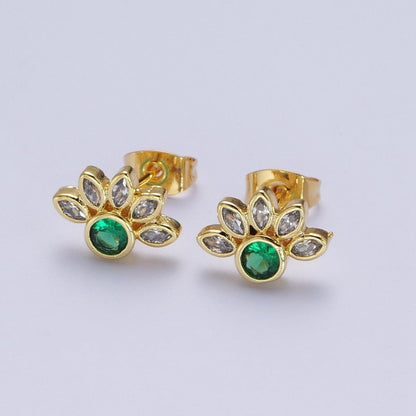 Emerald Green Cz Stud Earrings Gold Marquise Cluster Flower Stud AD-082