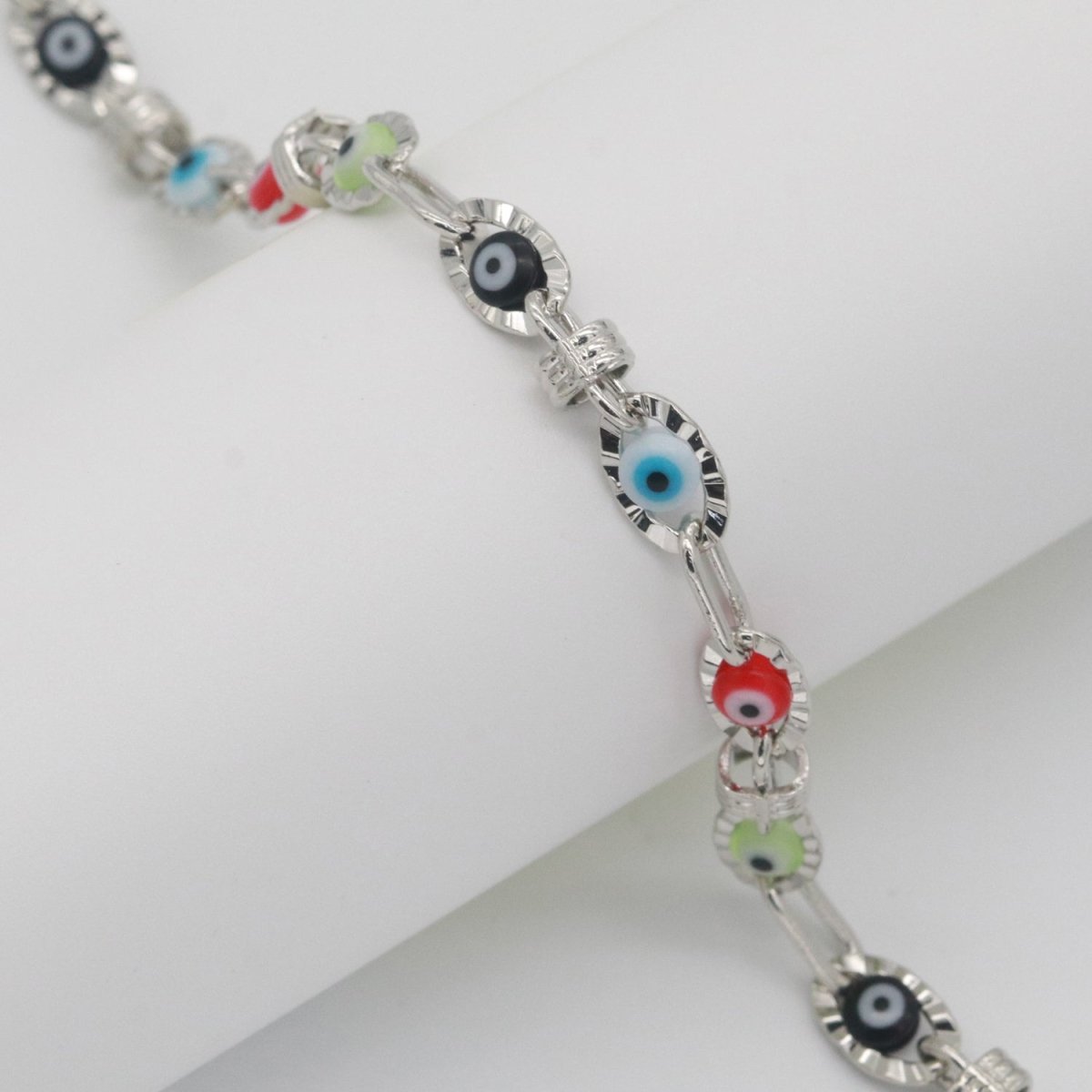 Enamel Evil Eye Gold, Silver Chain by Yard Dainty Evil Eye Charm Specialty Link Chain by Yard for Necklace Bracelet Waist Chain width 6mm | ROLL-555 ROLL-556 Clearance Pricing