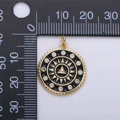 Enamel White and Black Medallion pendant, Coin charm, Gold fill SunBurst charm, 25x20mm C-611