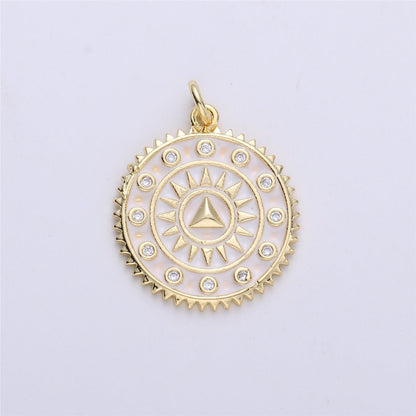 Enamel White and Black Medallion pendant, Coin charm, Gold fill SunBurst charm, 25x20mm C-611