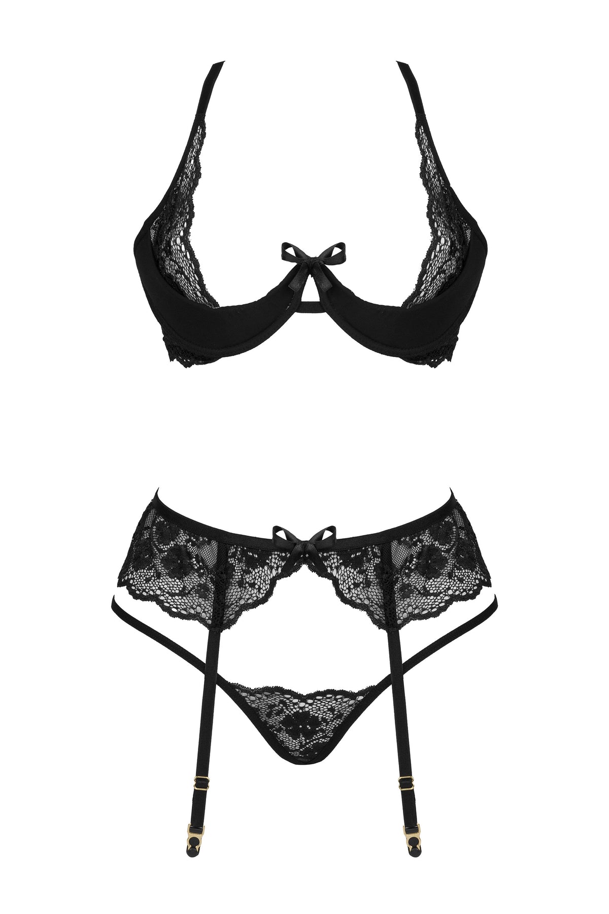 Beauty Night Rose Black Sheer Lace Plunge Bra Garter Belt &amp; Sexy G-String