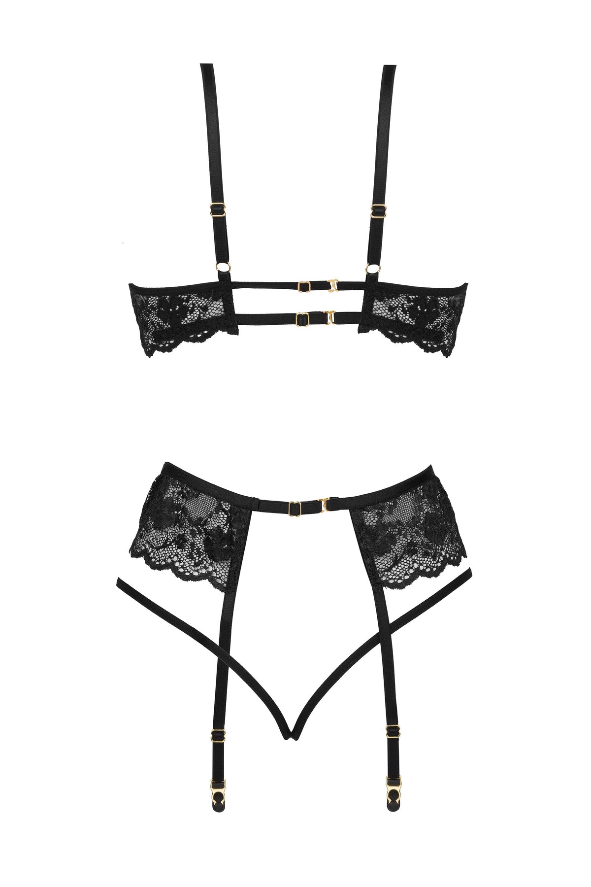 Beauty Night Rose Black Sheer Lace Plunge Bra Garter Belt &amp; Sexy G-String