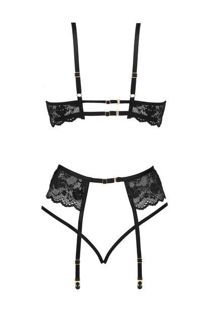 Beauty Night Rose Black Sheer Lace Plunge Bra Garter Belt &amp; Sexy G-String