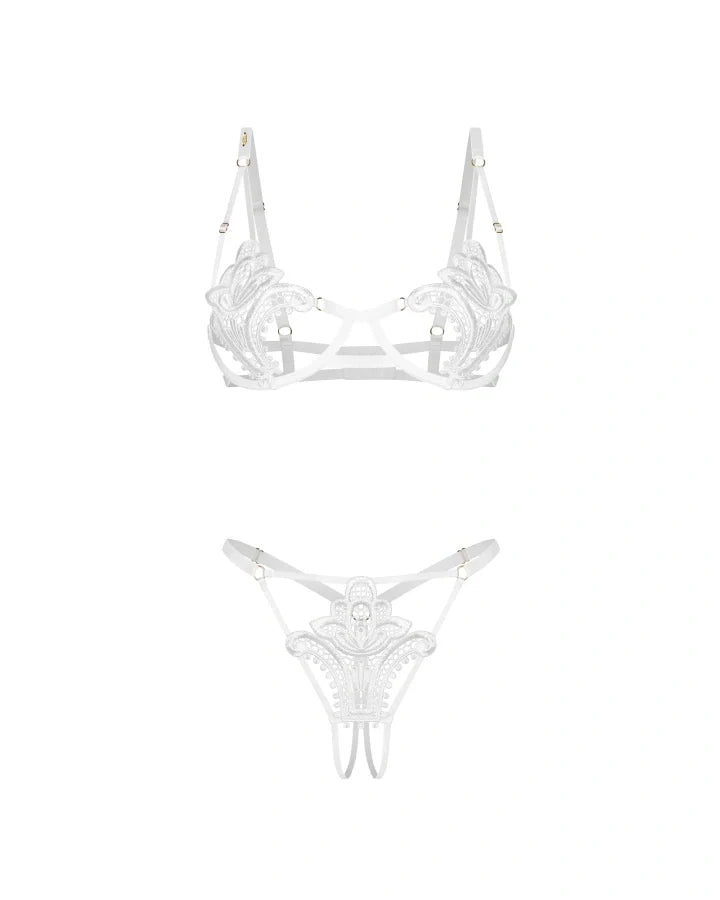 Obsessive Luise Sublim White Lace Open Cup Bra &amp; Crotchless Thong Set