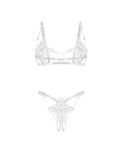 Obsessive Luise Sublim White Lace Open Cup Bra &amp; Crotchless Thong Set