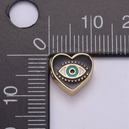 Evil Eye Bead, Heart Evil Eye, 10mm Evil Eye Beads, Side Drilled Black, Blue, Pink, Green, White Enamel   B-754