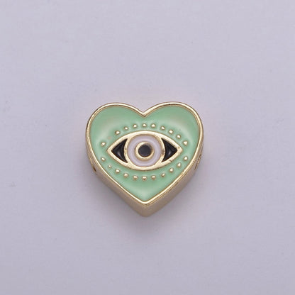Evil Eye Bead, Heart Evil Eye, 10mm Evil Eye Beads, Side Drilled Black, Blue, Pink, Green, White Enamel   B-754