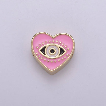 Evil Eye Bead, Heart Evil Eye, 10mm Evil Eye Beads, Side Drilled Black, Blue, Pink, Green, White Enamel   B-754