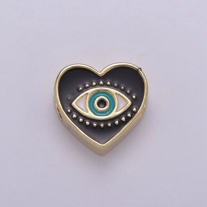 Evil Eye Bead, Heart Evil Eye, 10mm Evil Eye Beads, Side Drilled Black, Blue, Pink, Green, White Enamel   B-754