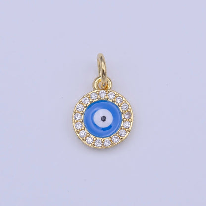 Evil Eye Blue Enamel Protection Micro Paved CZ Round Gold Charm | C-415
