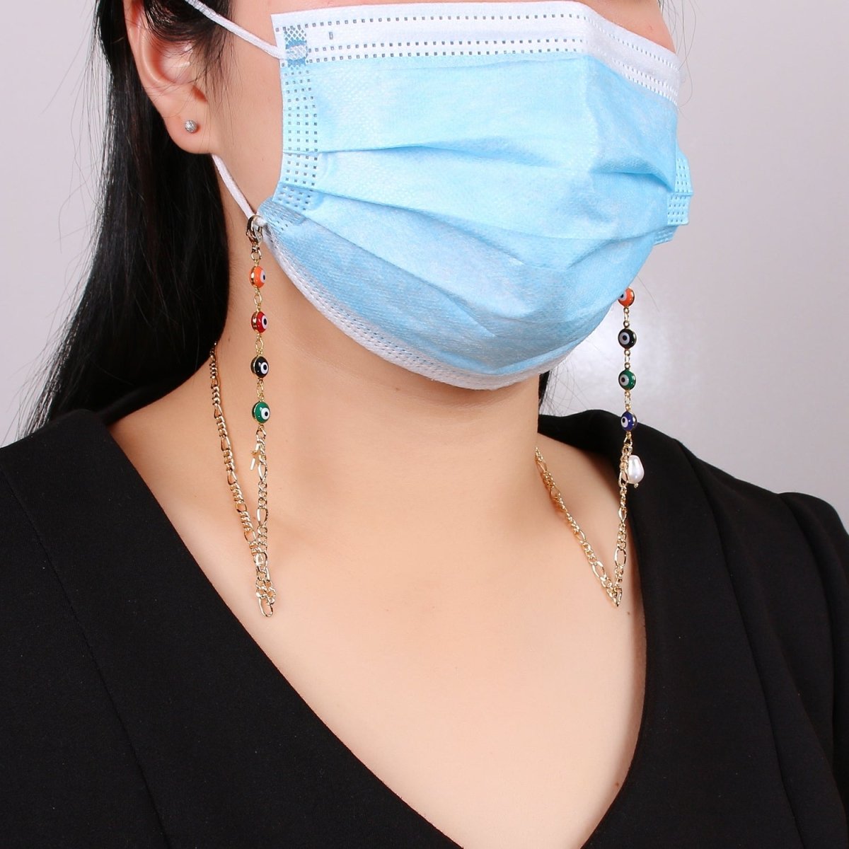 Evil eye mask chain holder, face mask lanyard adult, evil eye protection, Figaro chain, talisman protection, mask chain accessories
