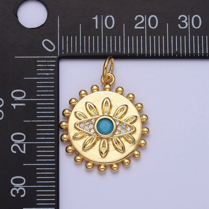 Evil Eye Turquoise Clear Micro Paved CZ Dotted Round Disc Gold Charm | AC362