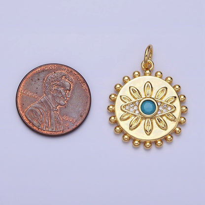 Evil Eye Turquoise Clear Micro Paved CZ Dotted Round Disc Gold Charm | AC362
