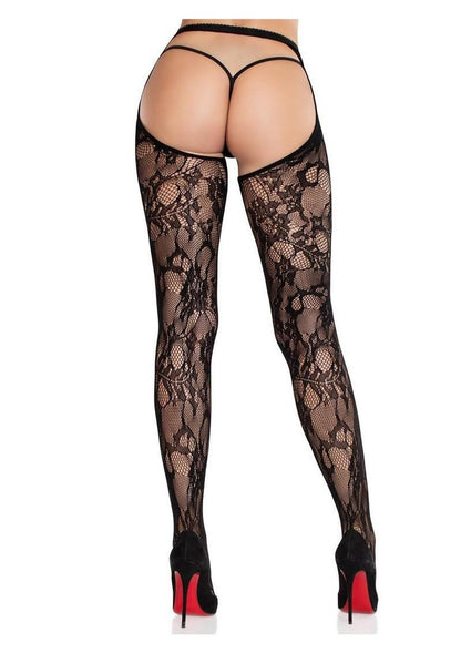Eyelet Rose Lace Crotchless Tights with Cheeky Open Back