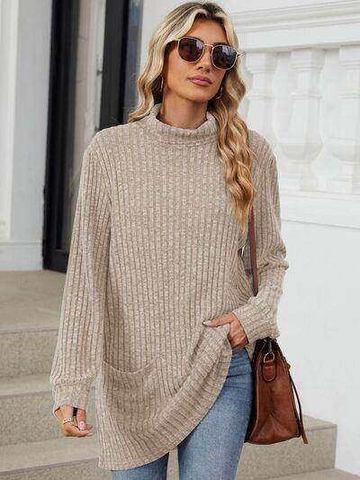 Ribbed Mock Neck Long Sleeve T-Shirt for Women Stylish Wear
