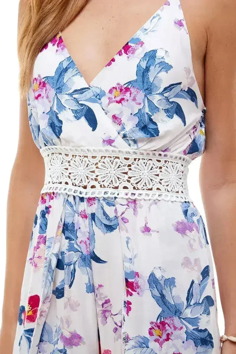 FLORAL &amp; SOLID CROCHET TULIP LEG CAMI JUMPSUIT