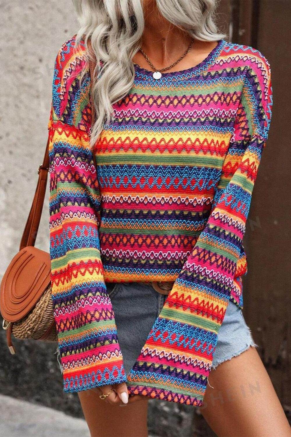 Contrast Round Neck Long Sleeve Top for Women Fashion