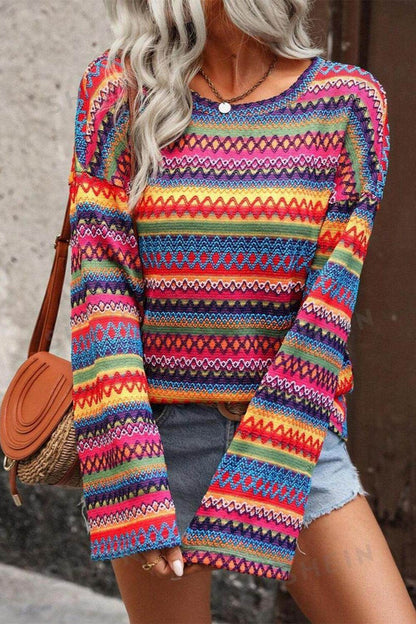 Contrast Round Neck Long Sleeve Top for Women Fashion