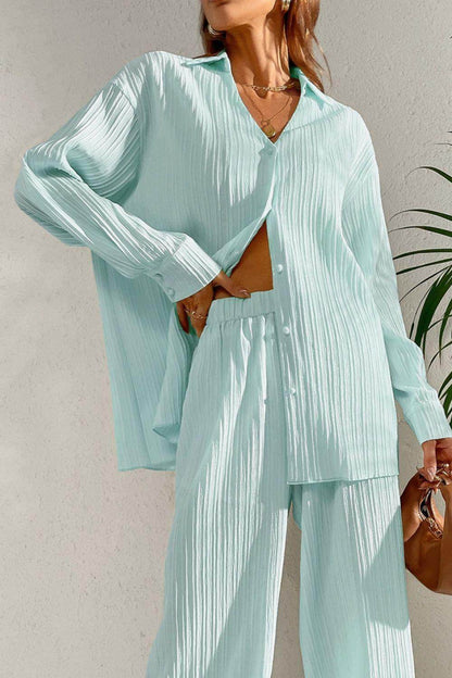 Johnny Collar Button Down Top and Pants Set for Women