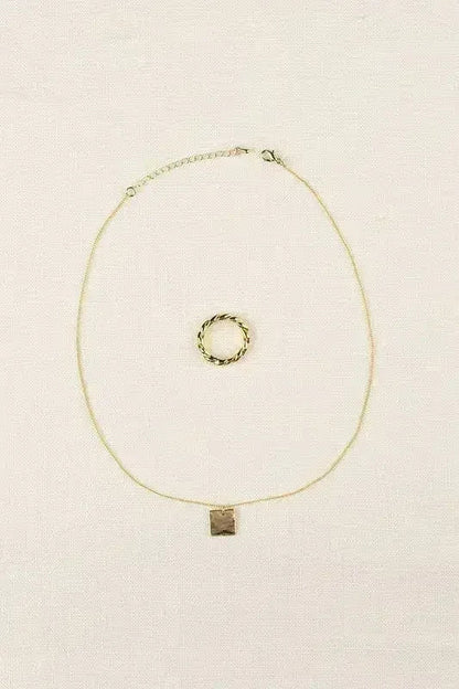 Gold Twisted Ring &amp; Square Pendant Necklace Set - Nickel-Free