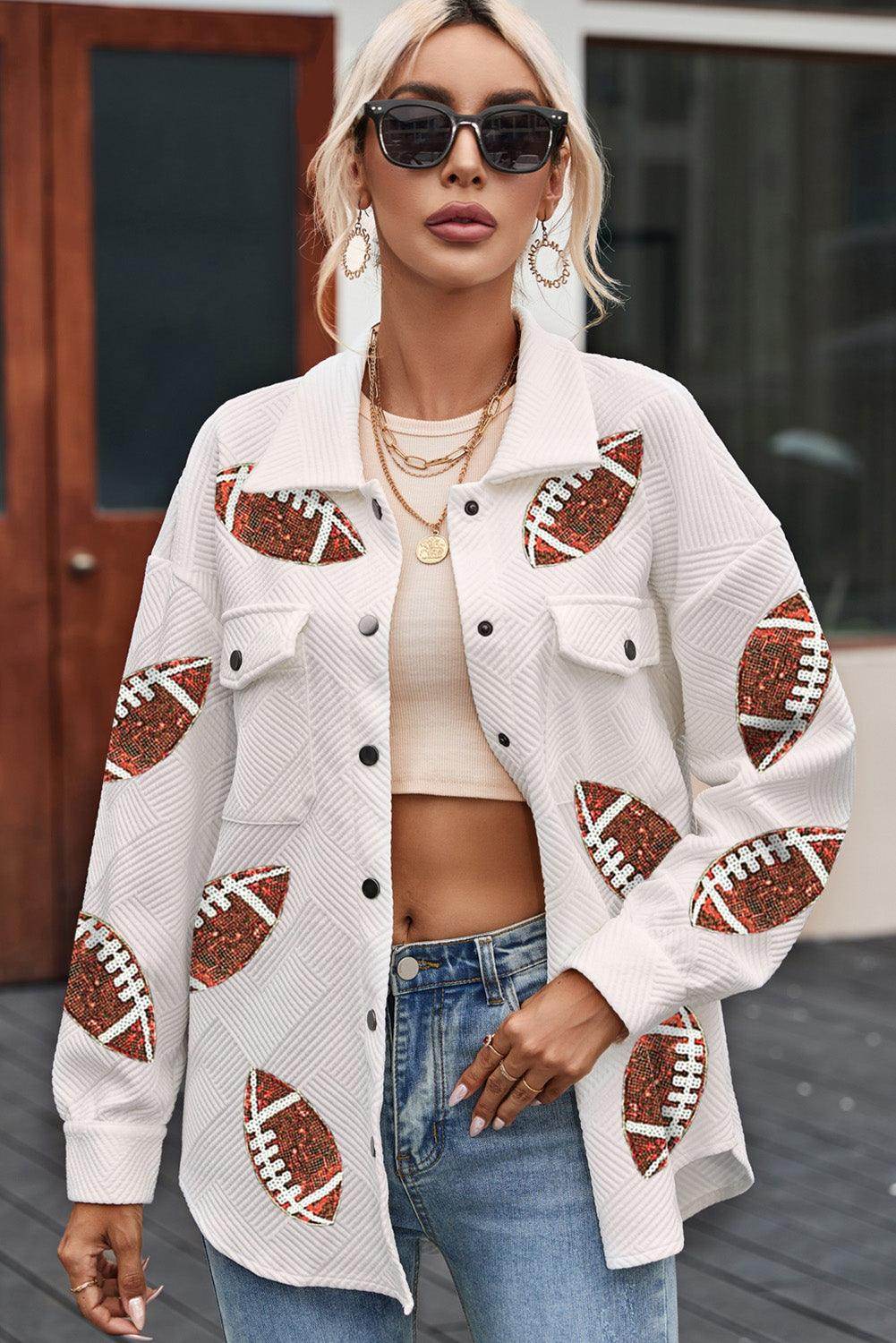 Sequin Football Patch Collared Neck Snap Button Jacket for Women