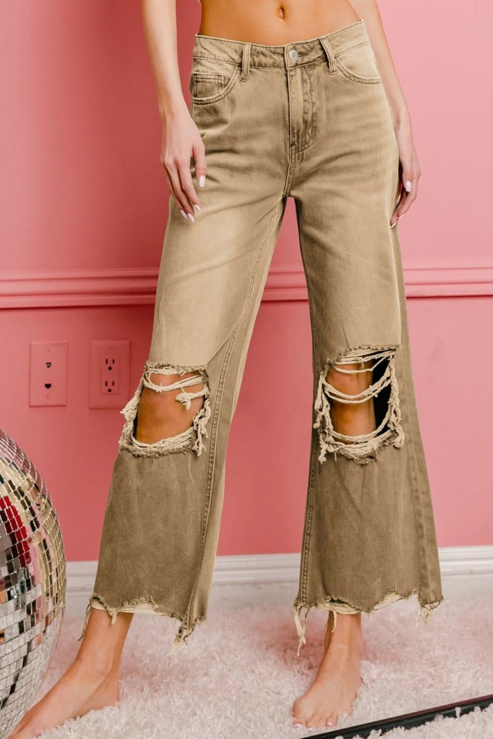 BiBi Distressed Vintage Washed Wide Leg Pants