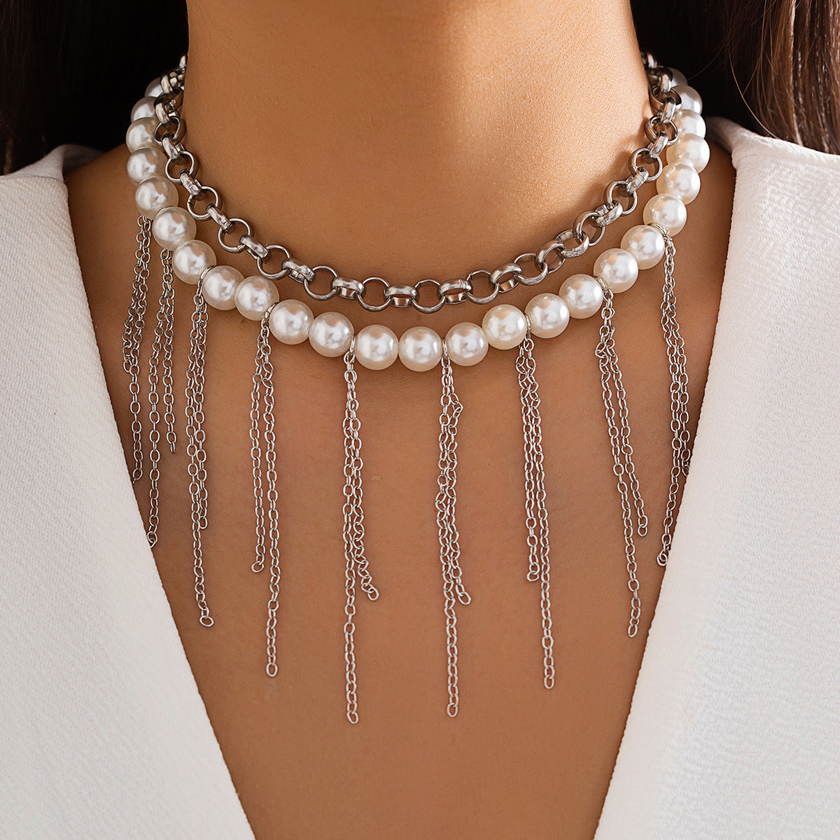 Pearl Tassel Fun Design Double-layer Retro Necklace Women&