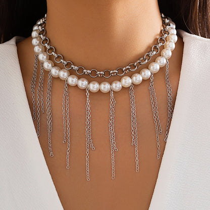 Pearl Tassel Fun Design Double-layer Retro Necklace Women&