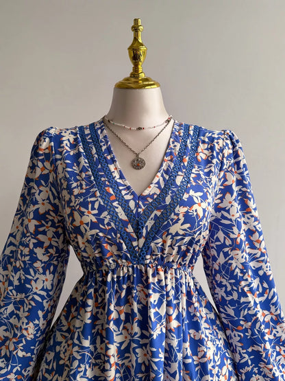 Plus Size Floral Print V-Neck Long Sleeve Maxi Dress