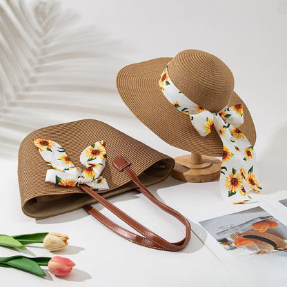 Straw Hat &amp; Tote Set – Beach Vacation Sun Protection Duo, Large Capacity Travel Tote