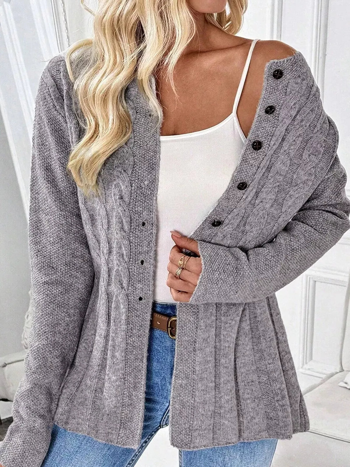 Cable-Knit Button-Down Cardigan