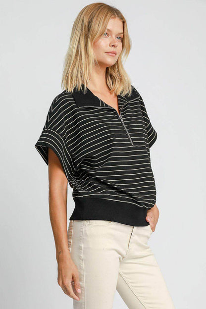 Umgee Striped Half Zip Short Sleeve Sweatshirt for Women