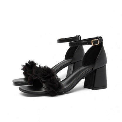Square-toe Chunky-heel Sandals With A Buckle And Floral Detail, Open-toe Design