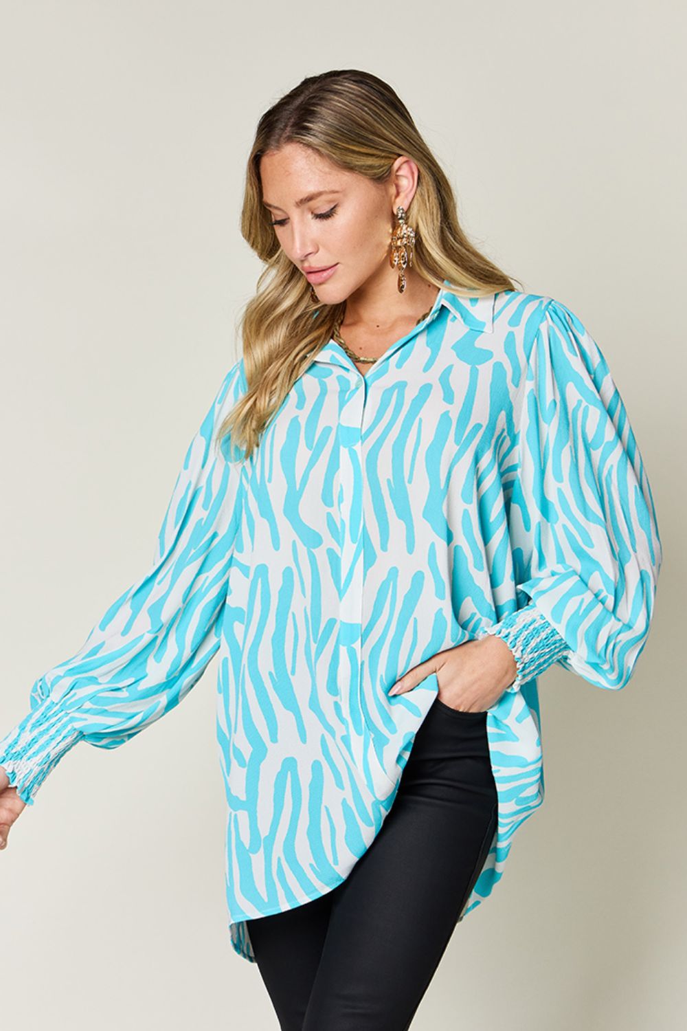Smocked Long Sleeve Top with Alluring Print