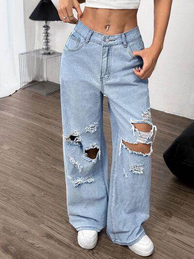 Distressed Wide Leg Jeans with Pockets for Women