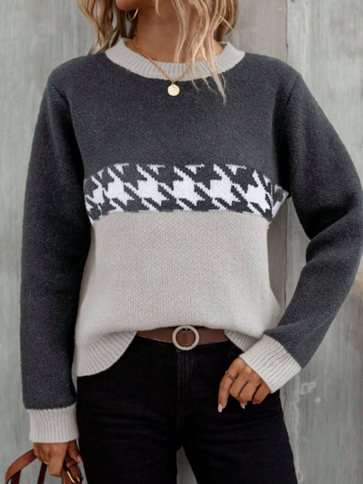 Houndstooth Pattern Color Block Sweater