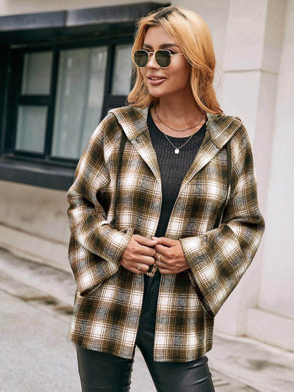 Ivy Lane Pocketed Plaid Long Sleeve Hooded Jacket for Women
